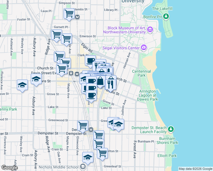 map of restaurants, bars, coffee shops, grocery stores, and more near 1611 Chicago Avenue in Evanston