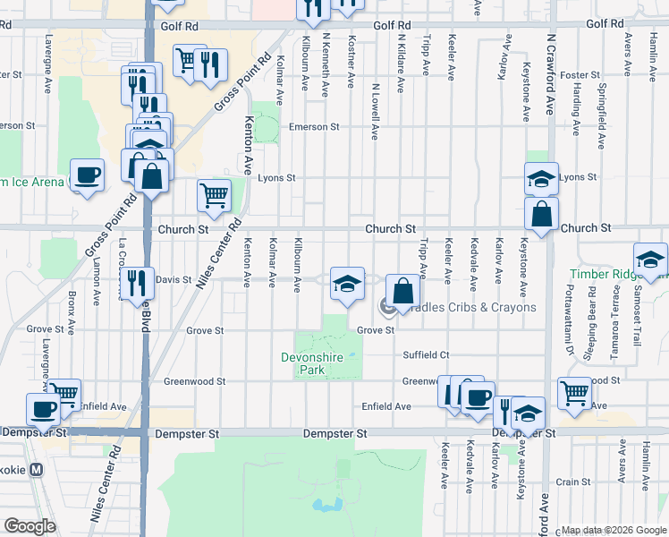 map of restaurants, bars, coffee shops, grocery stores, and more near 4414 Davis Street in Skokie