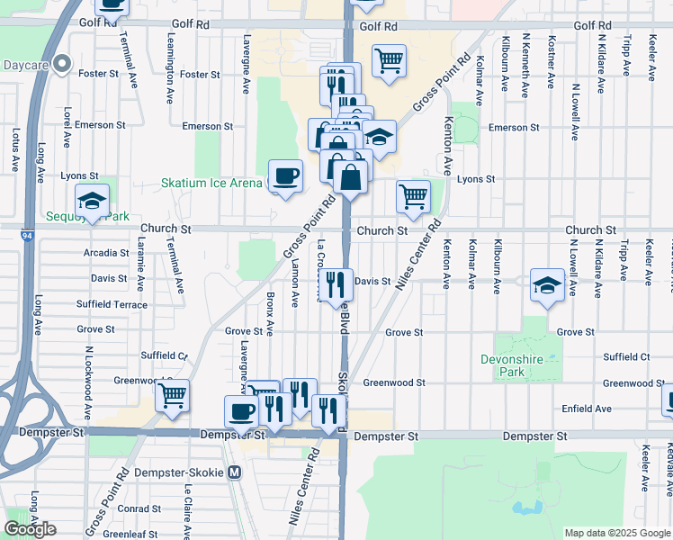 map of restaurants, bars, coffee shops, grocery stores, and more near 9110 Skokie Boulevard in Skokie