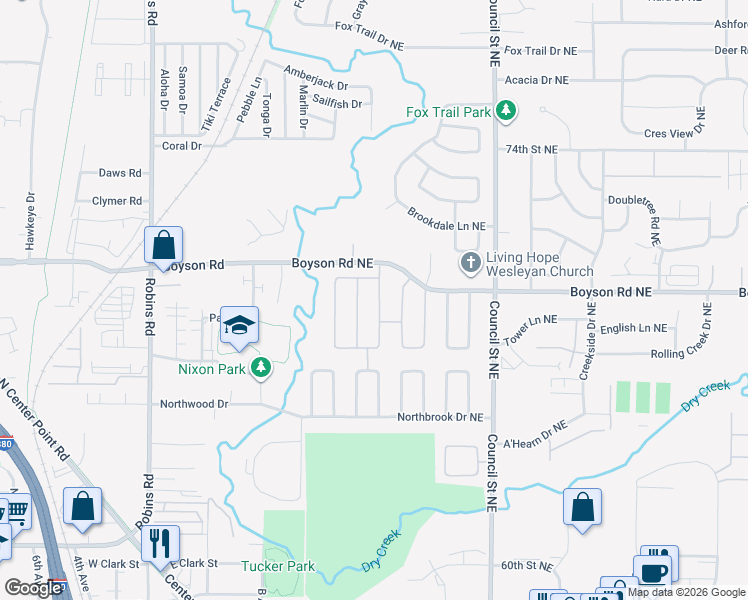 map of restaurants, bars, coffee shops, grocery stores, and more near 6815 Boxwood Lane Northeast in Cedar Rapids