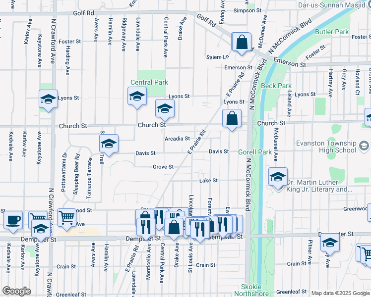 map of restaurants, bars, coffee shops, grocery stores, and more near 3456 Davis Street in Evanston