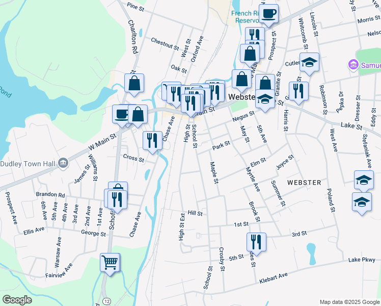 map of restaurants, bars, coffee shops, grocery stores, and more near 170 School Street in Webster