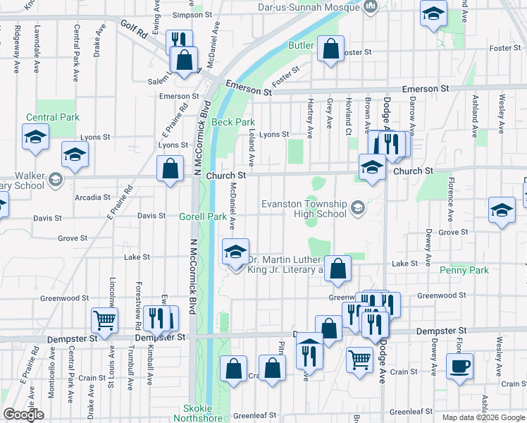 map of restaurants, bars, coffee shops, grocery stores, and more near 1601 Davis Street in Evanston