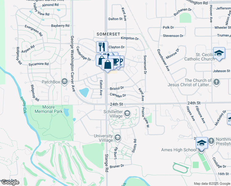 map of restaurants, bars, coffee shops, grocery stores, and more near 2507 Sherwood Avenue in Ames