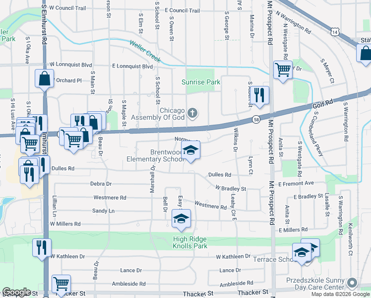map of restaurants, bars, coffee shops, grocery stores, and more near 292 Brentwood Drive in Des Plaines