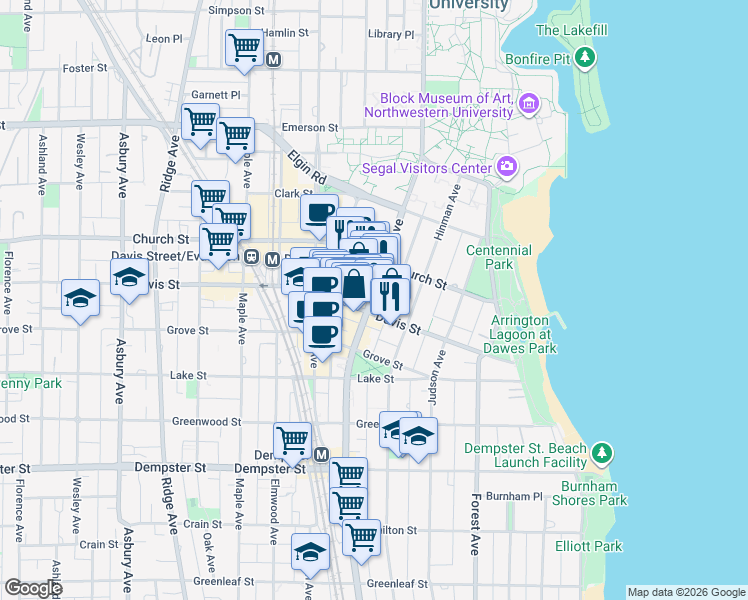 map of restaurants, bars, coffee shops, grocery stores, and more near 1612 Chicago Avenue in Evanston