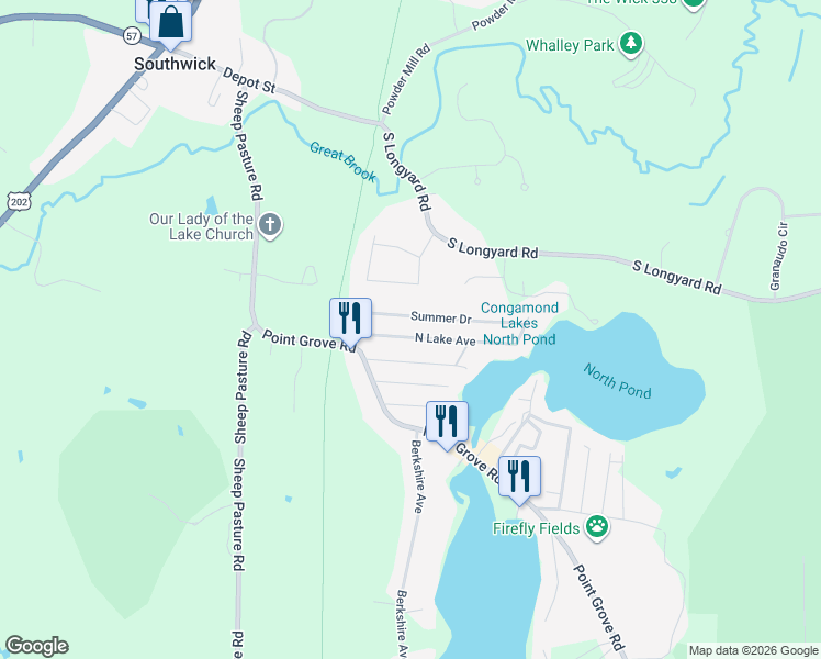 map of restaurants, bars, coffee shops, grocery stores, and more near 44 North Lake Avenue in Southwick