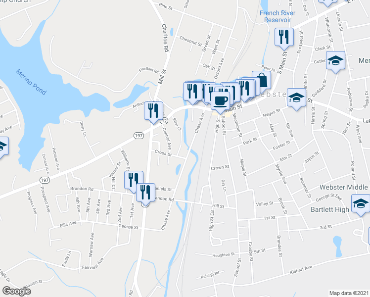 map of restaurants, bars, coffee shops, grocery stores, and more near 2 Chase Avenue in Dudley