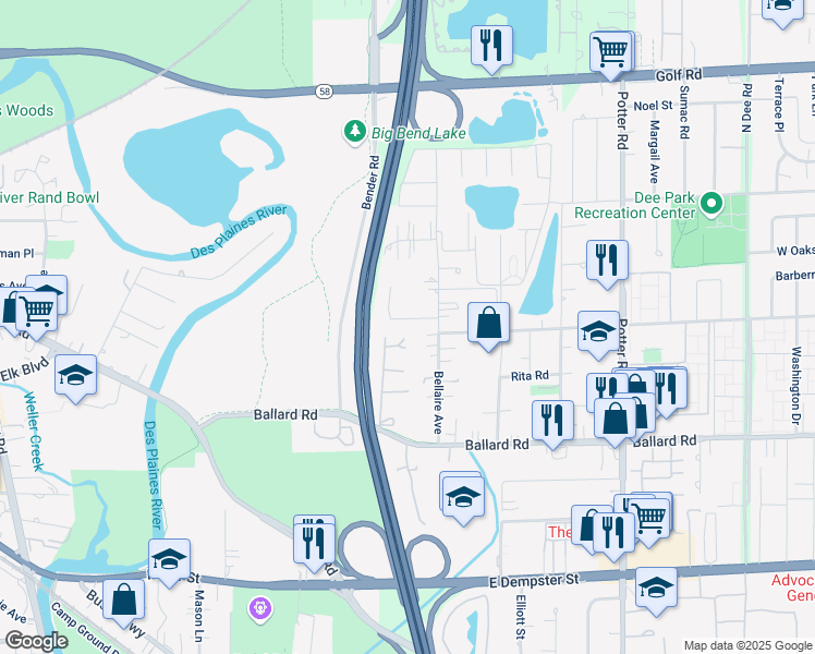 map of restaurants, bars, coffee shops, grocery stores, and more near 2231 Ottawa Street in Des Plaines