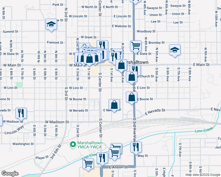 map of restaurants, bars, coffee shops, grocery stores, and more near 201 South 1st Avenue in Marshalltown