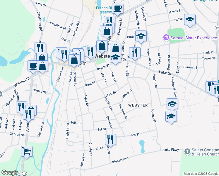map of restaurants, bars, coffee shops, grocery stores, and more near 40 Elm Street in Webster