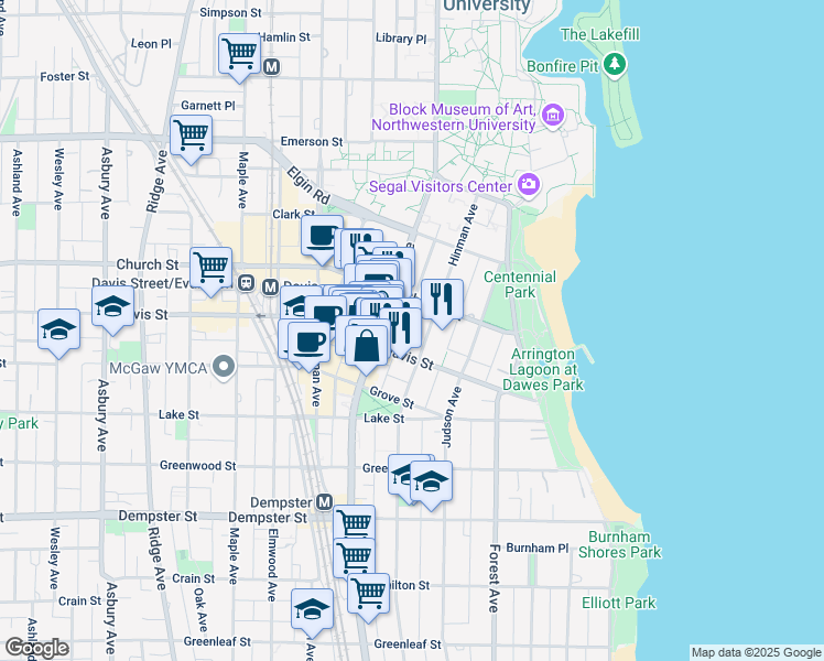 map of restaurants, bars, coffee shops, grocery stores, and more near in Evanston