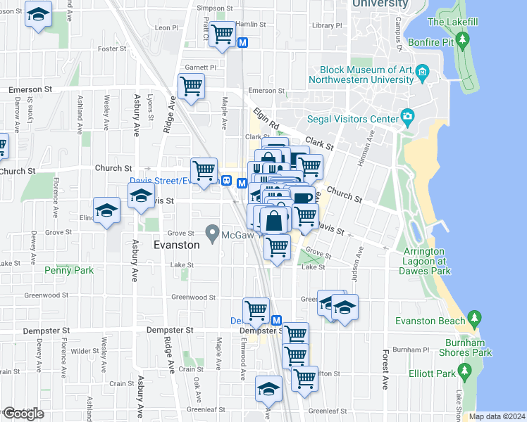 map of restaurants, bars, coffee shops, grocery stores, and more near 1600 Sherman Avenue in Evanston