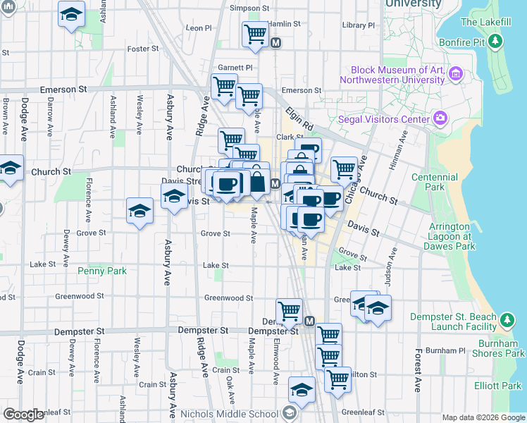 map of restaurants, bars, coffee shops, grocery stores, and more near 1570 Elmwood Avenue in Evanston