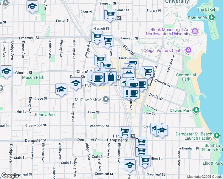 map of restaurants, bars, coffee shops, grocery stores, and more near 1570 Elmwood Avenue in Evanston
