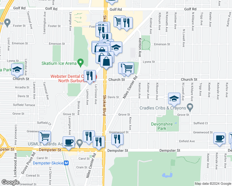 map of restaurants, bars, coffee shops, grocery stores, and more near 9107 Keating Avenue in Skokie
