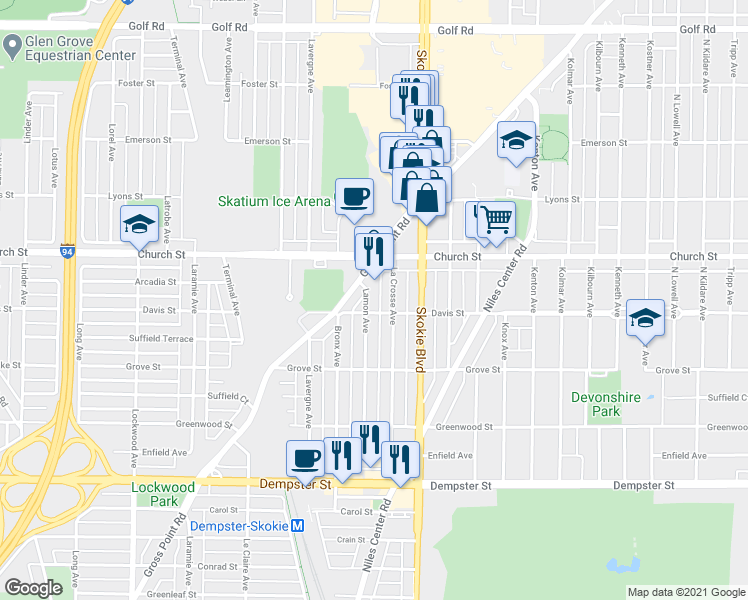 map of restaurants, bars, coffee shops, grocery stores, and more near 9106 La Crosse Avenue in Skokie
