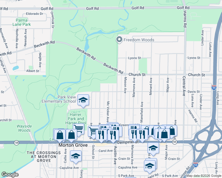 map of restaurants, bars, coffee shops, grocery stores, and more near 9101 McVicker Avenue in Morton Grove