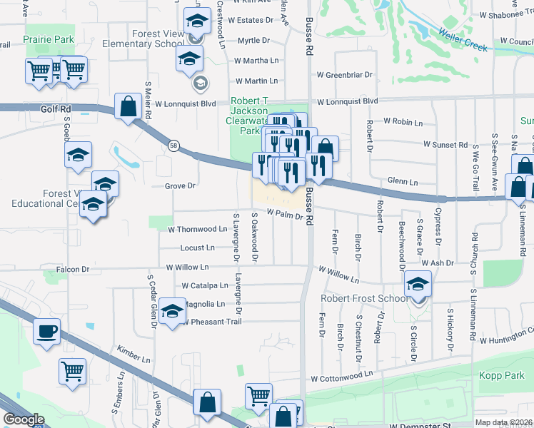 map of restaurants, bars, coffee shops, grocery stores, and more near 1100 South Cherrywood Drive in Mount Prospect