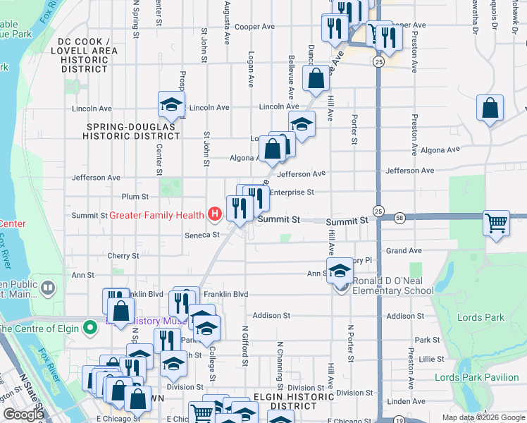 map of restaurants, bars, coffee shops, grocery stores, and more near 414 Summit Street in Elgin