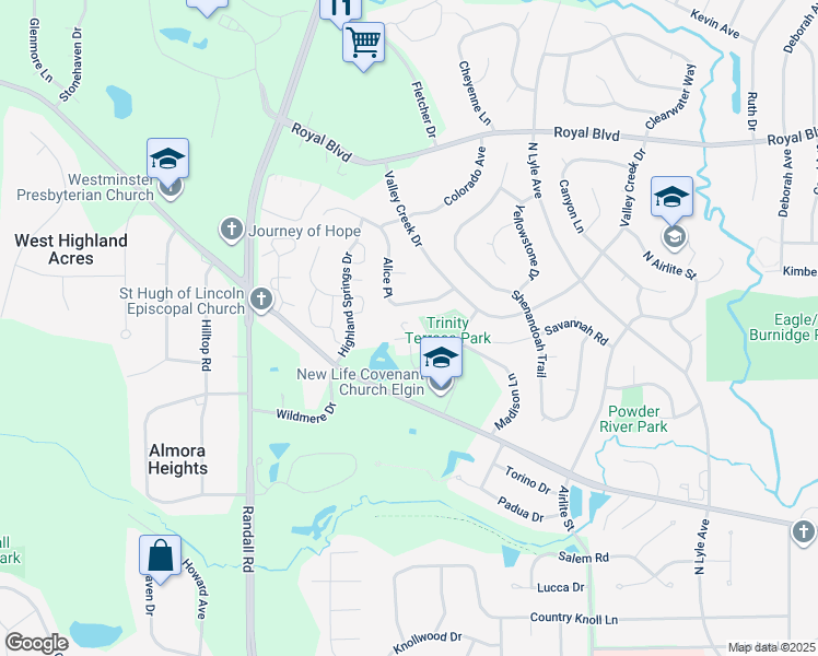 map of restaurants, bars, coffee shops, grocery stores, and more near 515 Autumn Court in Elgin