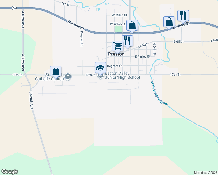map of restaurants, bars, coffee shops, grocery stores, and more near 401 South Mitchell Street in Preston