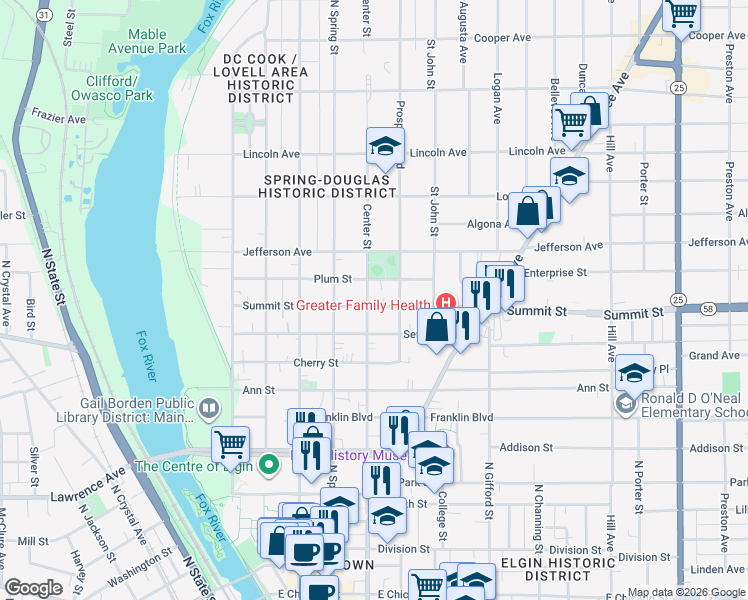 map of restaurants, bars, coffee shops, grocery stores, and more near 503 Center Street in Elgin