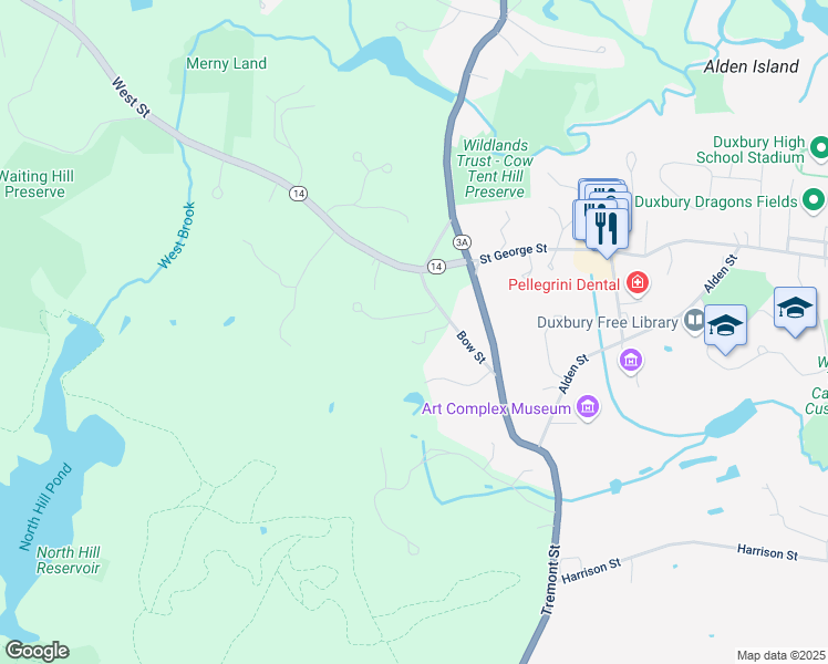 map of restaurants, bars, coffee shops, grocery stores, and more near 52 Bow Street in Duxbury