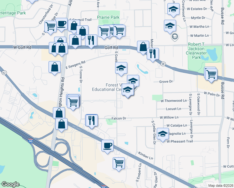 map of restaurants, bars, coffee shops, grocery stores, and more near 2170 South Goebbert Road in Arlington Heights