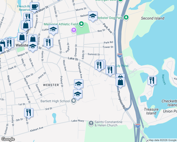 map of restaurants, bars, coffee shops, grocery stores, and more near 10 Eastern Avenue in Webster