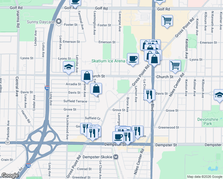 map of restaurants, bars, coffee shops, grocery stores, and more near 9100 Lawler Avenue in Skokie