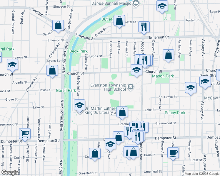 map of restaurants, bars, coffee shops, grocery stores, and more near 1600 Dodge Avenue in Evanston