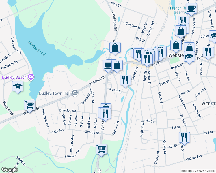 map of restaurants, bars, coffee shops, grocery stores, and more near 9 Schofield Avenue in Dudley