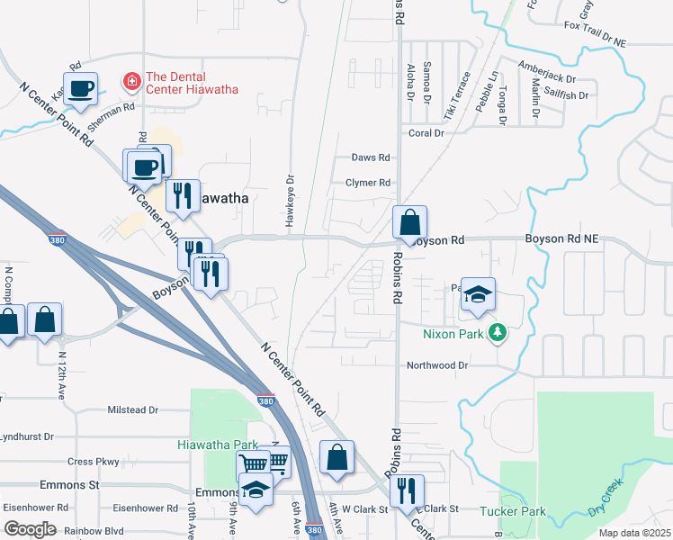 map of restaurants, bars, coffee shops, grocery stores, and more near 915 Boyson Court in Hiawatha