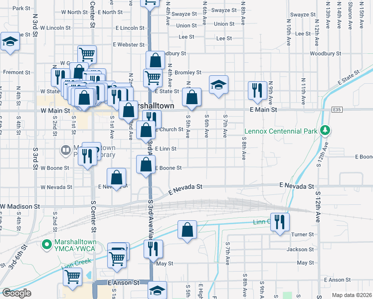 map of restaurants, bars, coffee shops, grocery stores, and more near 401 East Linn Street in Marshalltown