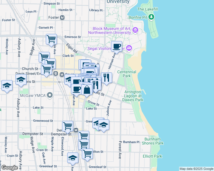 map of restaurants, bars, coffee shops, grocery stores, and more near 1629 Hinman Avenue in Evanston