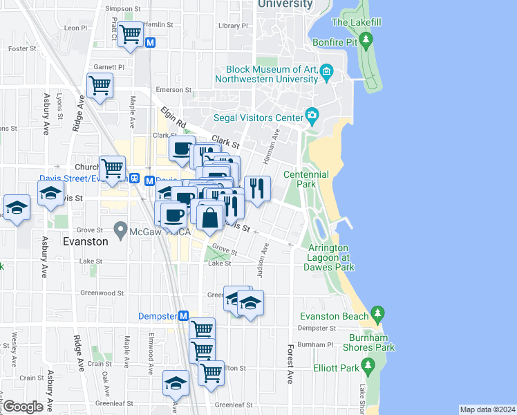 map of restaurants, bars, coffee shops, grocery stores, and more near 1629 Hinman Avenue in Evanston