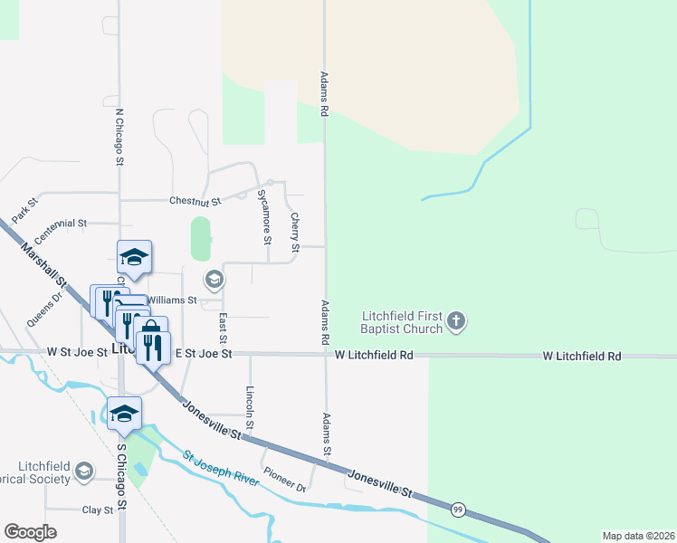 map of restaurants, bars, coffee shops, grocery stores, and more near 10271 Adams Road in Litchfield