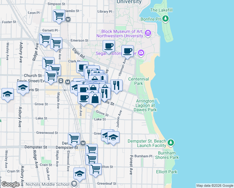 map of restaurants, bars, coffee shops, grocery stores, and more near 1631 Hinman Avenue in Evanston
