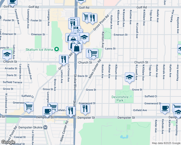 map of restaurants, bars, coffee shops, grocery stores, and more near 9114 Niles Center Road in Skokie