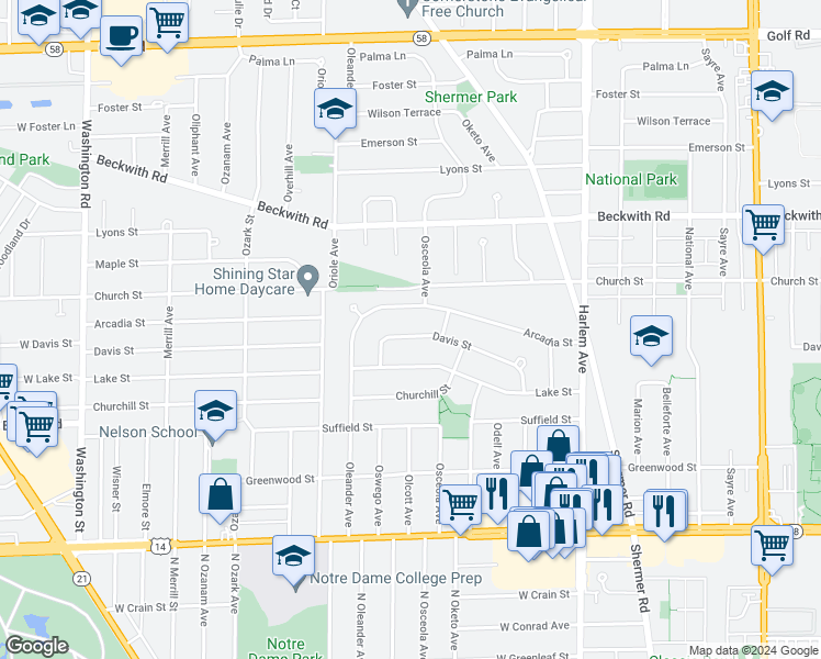 map of restaurants, bars, coffee shops, grocery stores, and more near 7442 Davis Street in Morton Grove