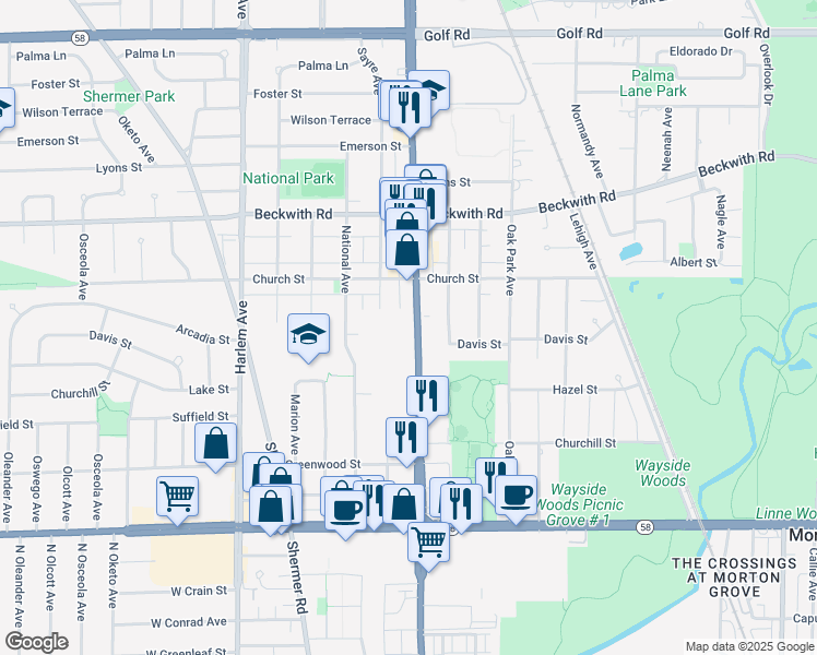 map of restaurants, bars, coffee shops, grocery stores, and more near 9114 Waukegan Road in Morton Grove