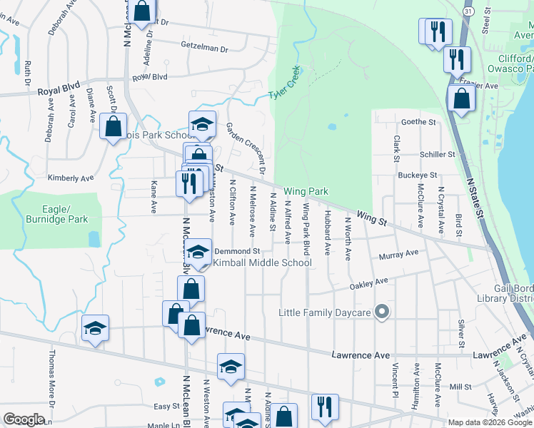 map of restaurants, bars, coffee shops, grocery stores, and more near 544 North Aldine Street in Elgin