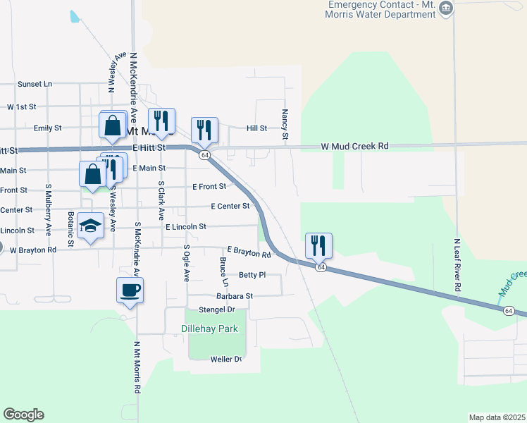 map of restaurants, bars, coffee shops, grocery stores, and more near 4449 Highway 64 in Mount Morris