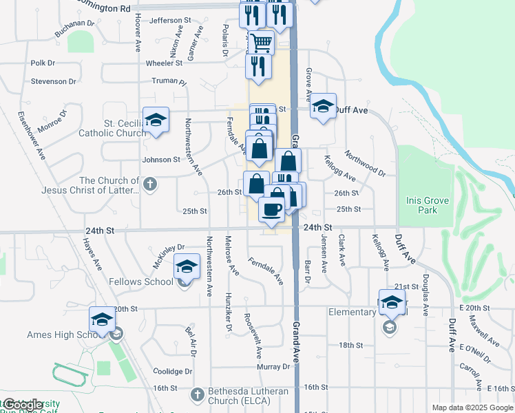 map of restaurants, bars, coffee shops, grocery stores, and more near 2423 Grand Avenue in Ames