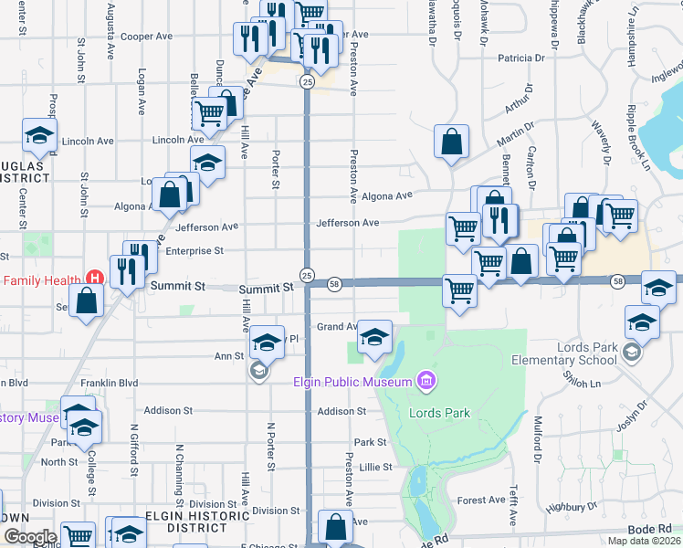 map of restaurants, bars, coffee shops, grocery stores, and more near 630 Summit Street in Elgin