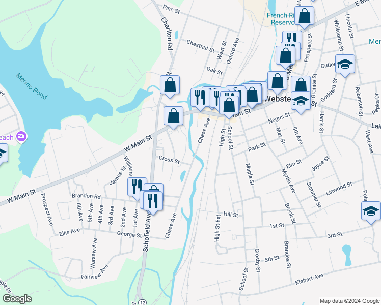 map of restaurants, bars, coffee shops, grocery stores, and more near 2 Chase Avenue in Dudley