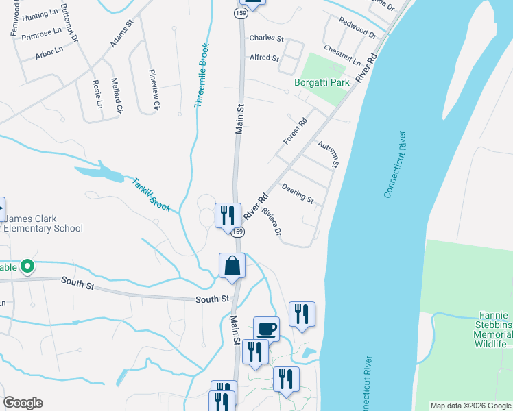 map of restaurants, bars, coffee shops, grocery stores, and more near 34 River Road in Agawam