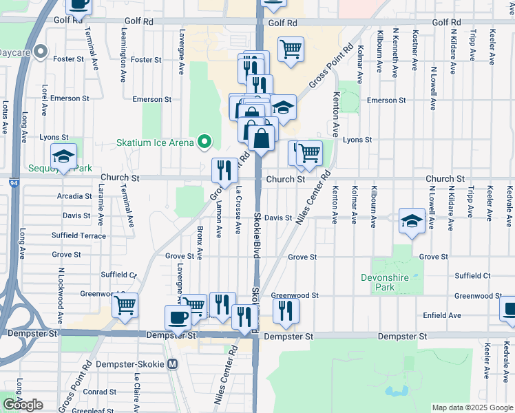 map of restaurants, bars, coffee shops, grocery stores, and more near 9110 Skokie Boulevard in Skokie