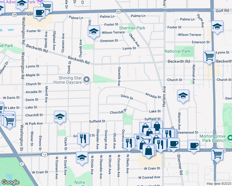 map of restaurants, bars, coffee shops, grocery stores, and more near 7442 Davis Street in Morton Grove